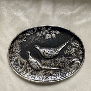 Vtg Wall Hanging Plate Metal Plaque Birds tree Embossed.